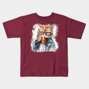 Grumpy Hangover Cat in Glasses Coffee Cup Kids T-Shirt